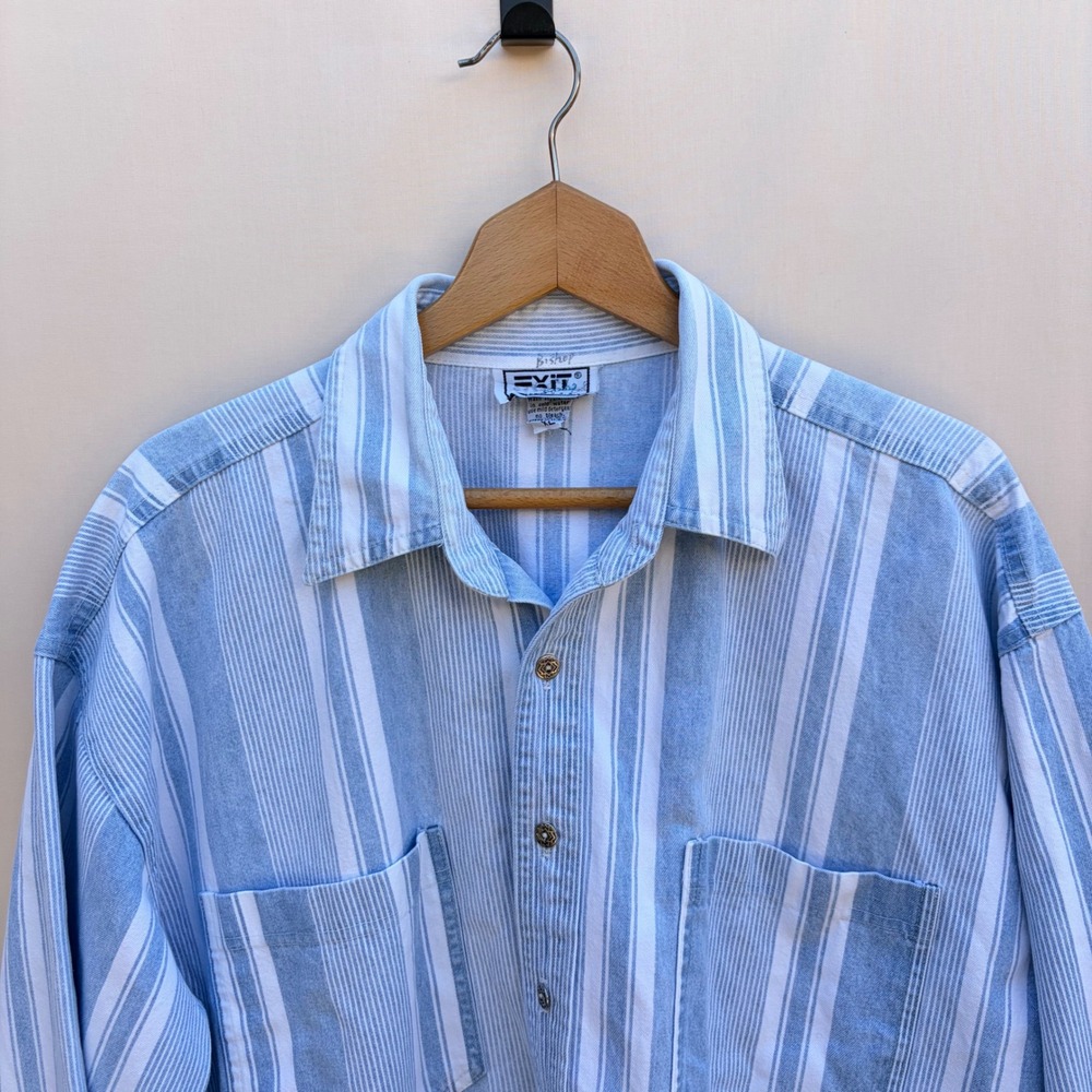Vintage Exit Button Down Mens XL Blue Striped Denim Shirt Long Sleeve Western - Picture 5 of 9